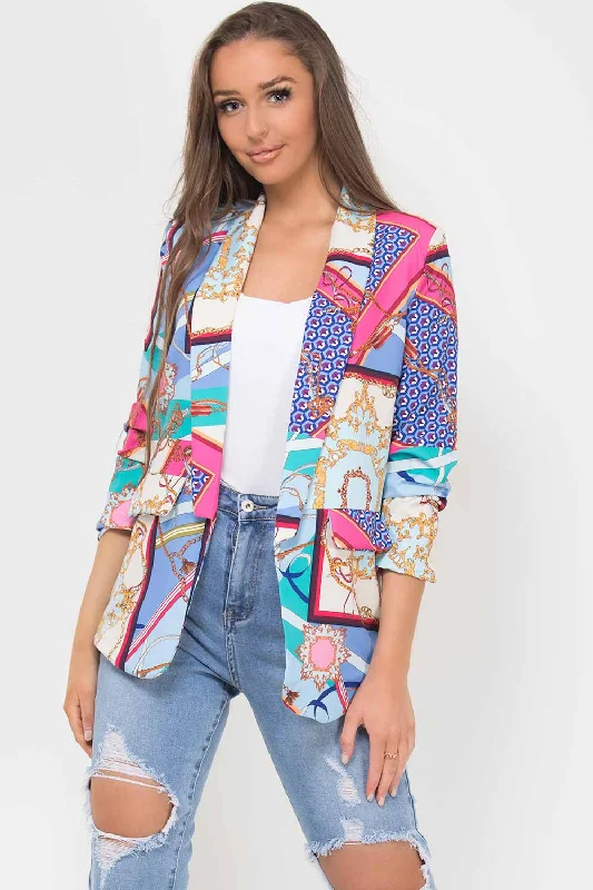 cold weather coatScarf Print Ruched Sleeve Blazer Blue