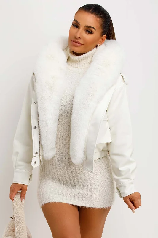 tailored coatFaux Leather Bomber Jacket With Faux Fur Hood White