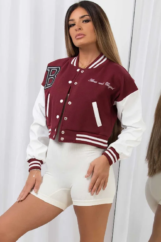 insulated winter jacketPU Sleeve Varsity Bomber Cropped Letterman Jacket Wine Red