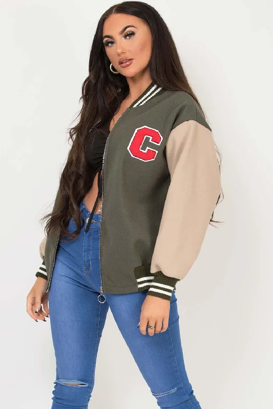 breathable jacketC Slogan Varsity Bomber Jacket Khaki