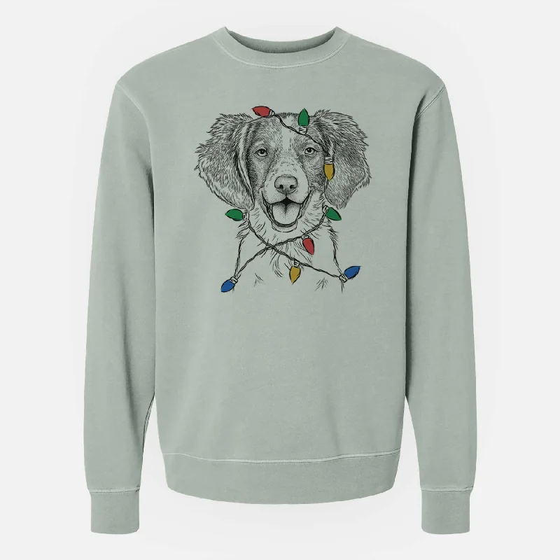 casual workout hoodieChristmas Lights Happy Holly the Brittany Spaniel - Unisex Pigment Dyed Crew Sweatshirt