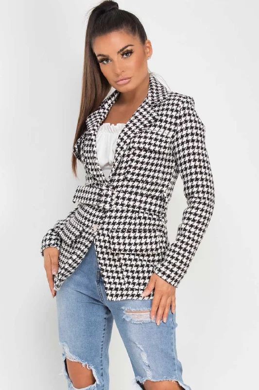 soft shell coatTweed Blazer With Belt Black And White