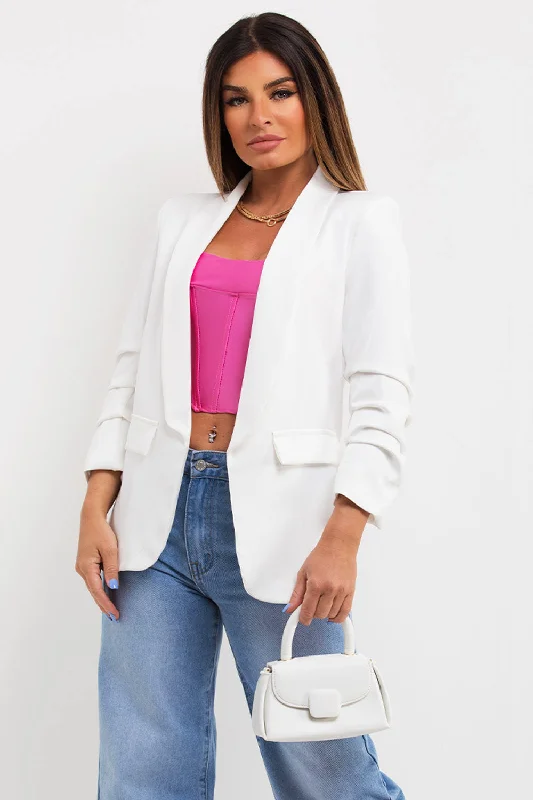 chic outerwearOff White Ruched Sleeve Blazer