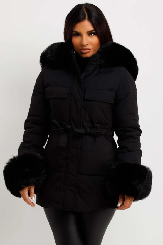 minimalist jacketBlack Puffer Coat With Faux Fur Hood Cuff And Drawstring