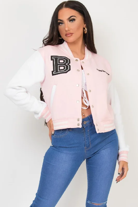 long coatVarsity Bomber Cropped Jacket With B Slogan