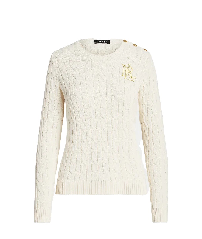 modern outerwearButton-trim Cable-knit Cotton Sweater - Cream