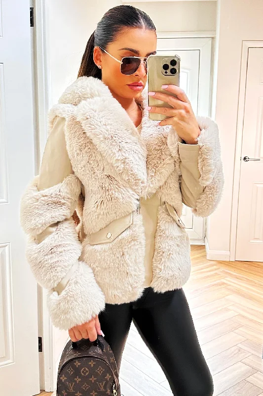 casual coatFaux Fur Lined Faux Leather Aviator Jacket Beige