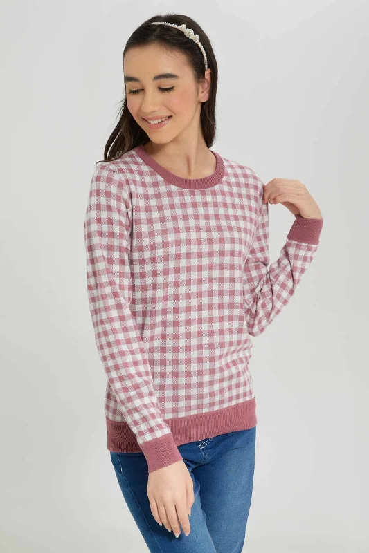 Senior Girls Pink and White Gingham Print Pullover