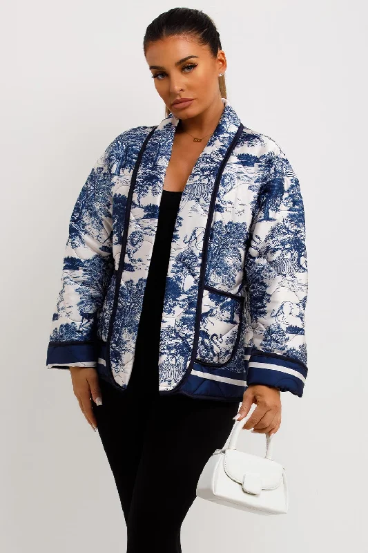 relaxed winter jacketSatin Quilted Blazer Jacket With Jungle Print Blue