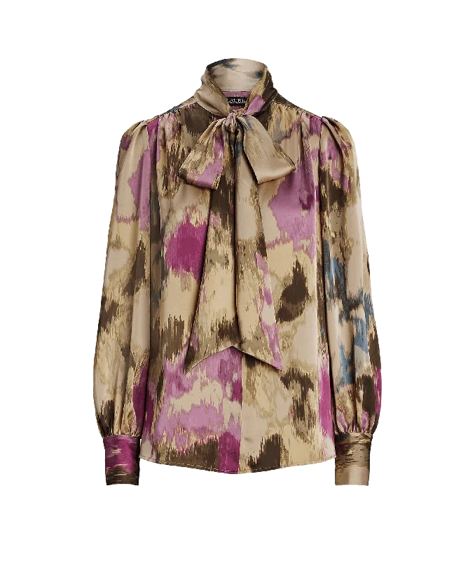 raincoatFloral Satin Charmeuse Tie-neck Blouse - Multi