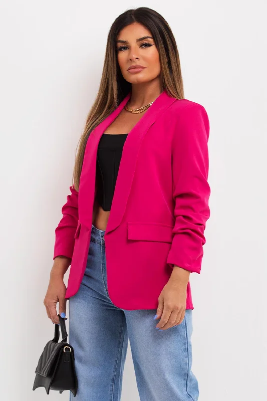 warm trench coatHot Pink Ruched Sleeve Blazer