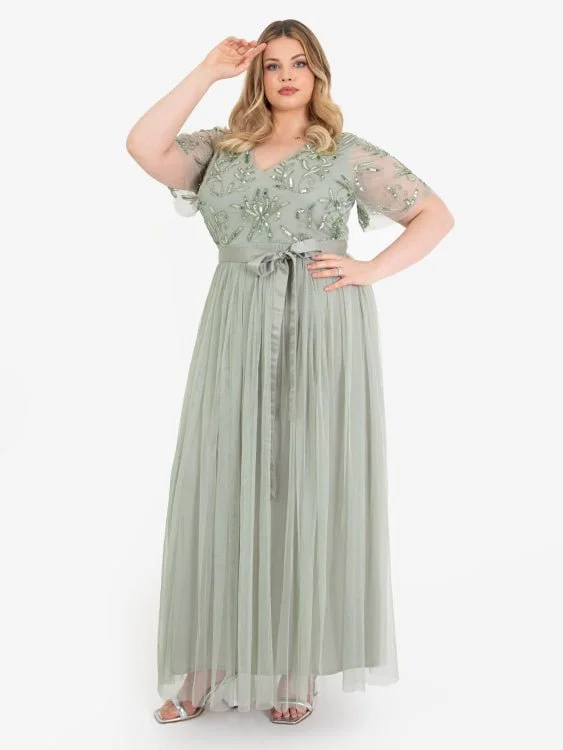 v-neck dressMaya Plus Size Sage Green Floral Embellished Maxi Dress with Sash Belt