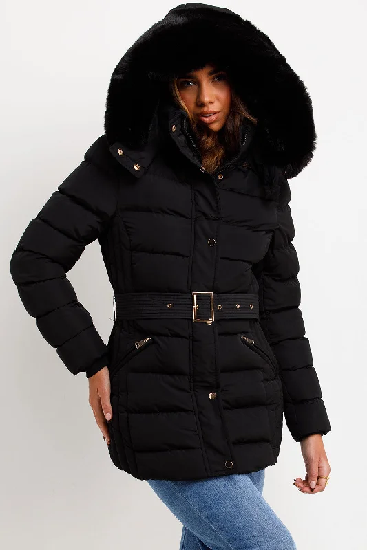 classic jacketBlack Puffer Coat With Faux Fur Hood And Belt