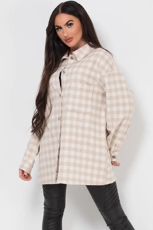 outdoor adventure coatBeige Gingham Check Shacket Oversized