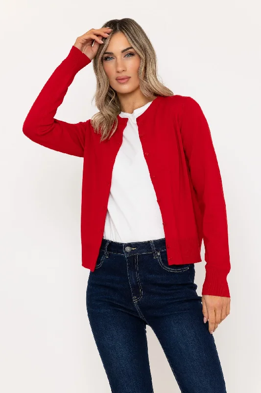 Fine Gauge Crew Neck Cardigan in Red