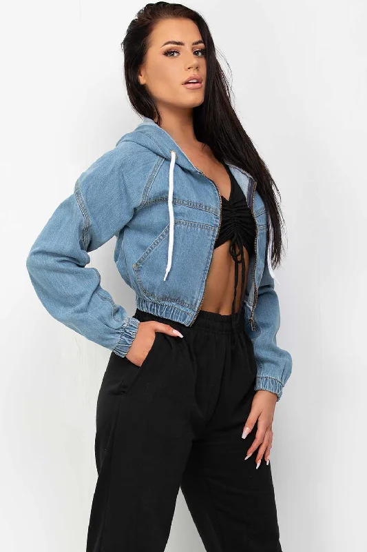 trendy bomber coatCrop Denim Jacket With Hood