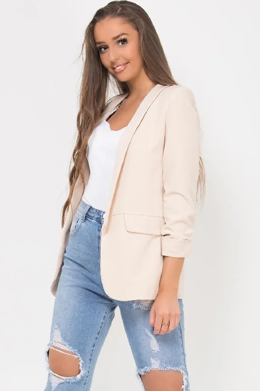 wool-blend coatRuched Sleeve Blazer Beige