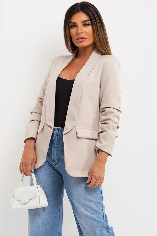 trendy bomber coatBeige Ruched Sleeve Blazer Jacket