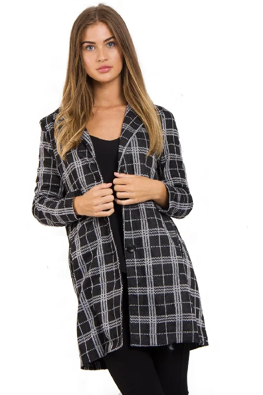 cozy wool-blend coatBlack Tartan Check Print Duster Jacket