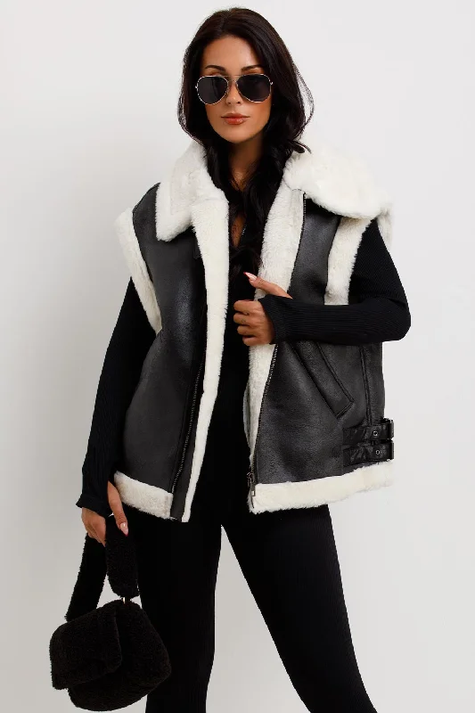 winter coatFaux Shearling Aviator Gilet In Faux Leather Black