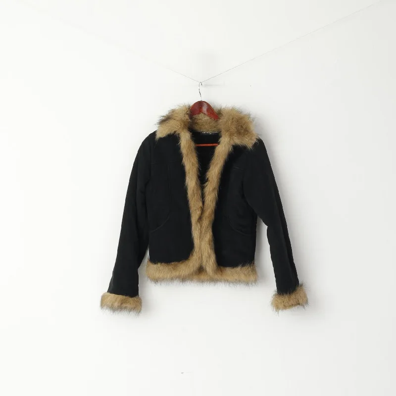 insulated winter jacketNorth Down Women M Jacket Faux Suede Black Cropped Faux Fur Collar Elegant Top