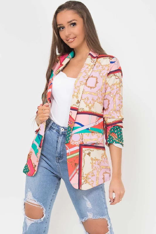 fashion coat with hoodScarf Print Ruched Sleeve Blazer Pink