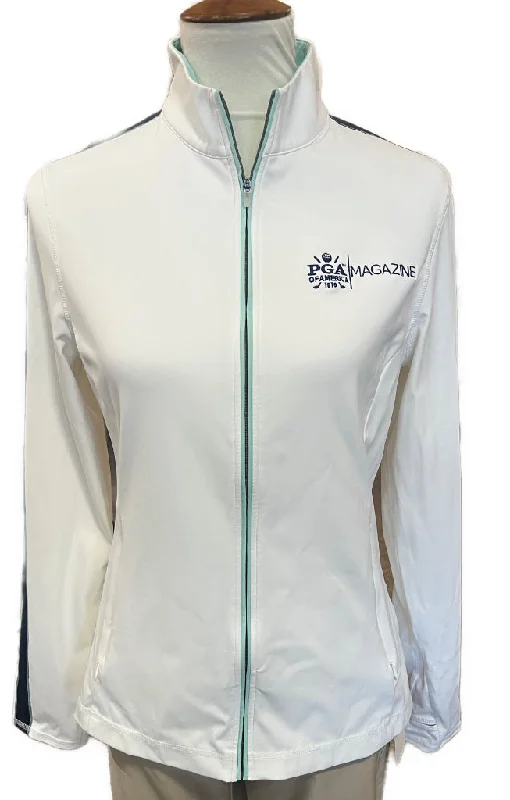 sleek and warm coatAdair Women's White Full-Zip Jacket with Logo and BLue Trim Size M MSP$100