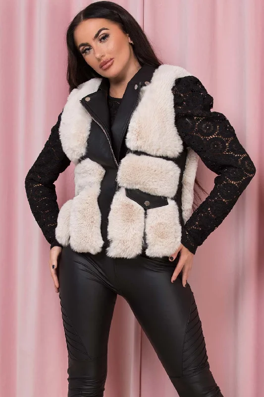 stylish peacoatFaux Fur Faux Leather Gilet With Pocket Detail Beige