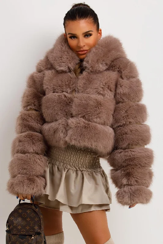 relaxed winter jacketFaux Fur Coat With Hood Tan