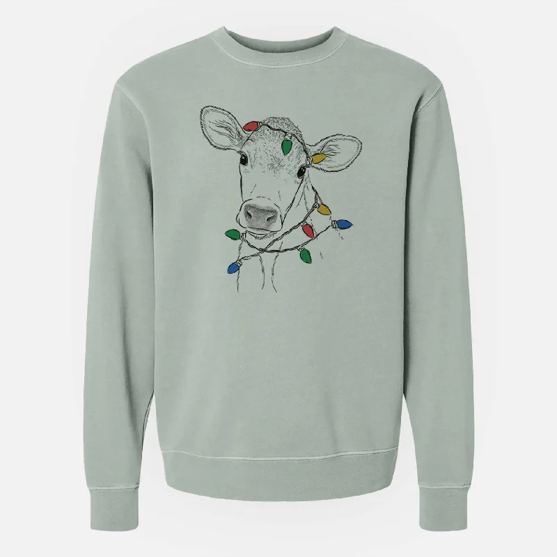 soft gym hoodieChristmas Lights Malu the Cow - Unisex Pigment Dyed Crew Sweatshirt