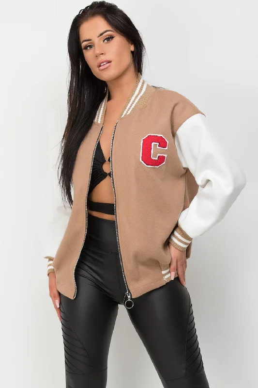 elegant coatC Slogan Varsity Bomber Jacket Beige