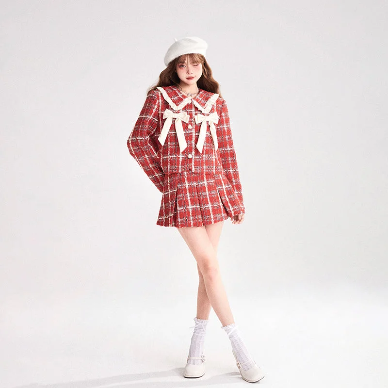 casual coat(BFM)11shop97~Red Plaid Full Set Coat and A-line Pleated Skirt