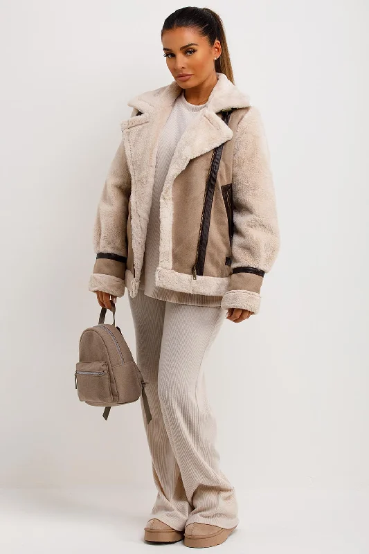 premium coatAviator Jacket In Faux Suede With Fur Sleeves Beige