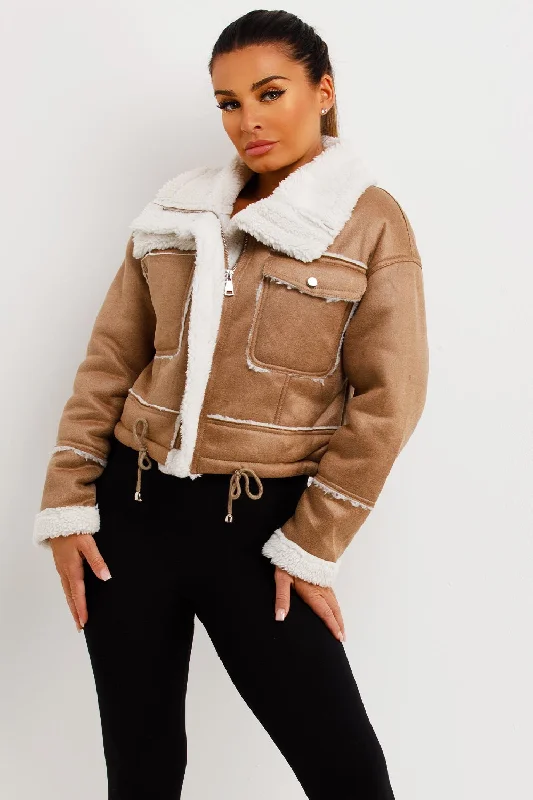 trendy casual outerwearFaux Shearling Faux Leather Jacket Beige