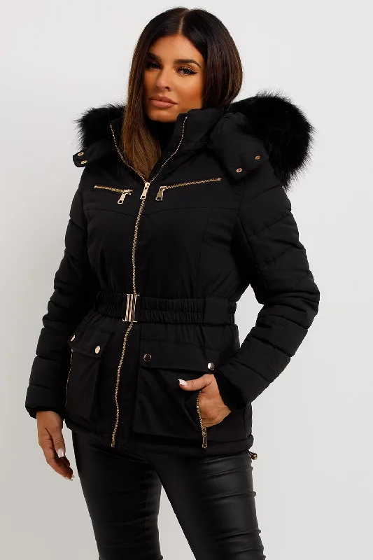 raincoatPuffer Coat With Fur Hood And Belt Black