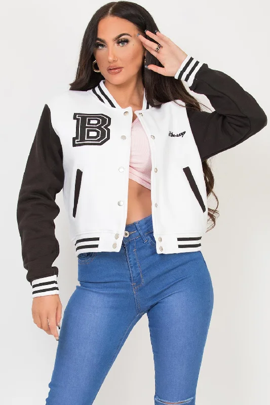 oversized trench coatVarsity Bomber Cropped Jacket With B Slogan Black & White