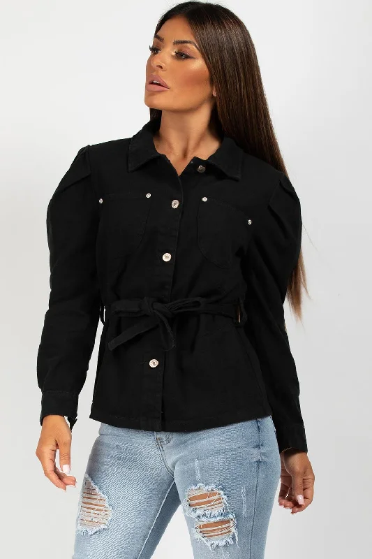 sleek trench coatBlack Denim Jacket With Puff Sleeves