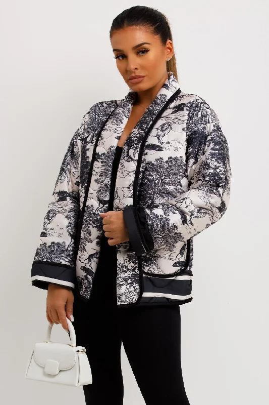 long-sleeve winter jacketSatin Quilted Blazer Jacket With Jungle Print Black White