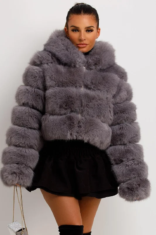 fashionable outerwearGrey Faux Fur Coat With Hood