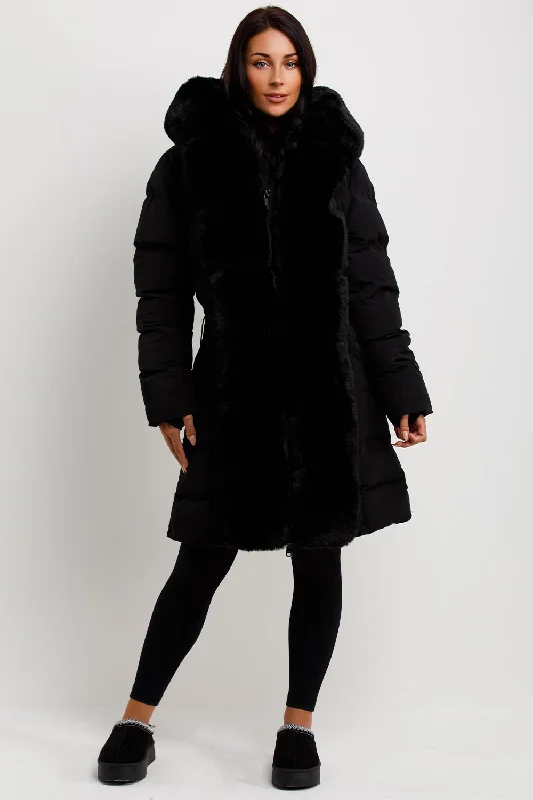 warm trench coatBlack Long Puffer Padded Coat With Faux Fur Hood And Trim