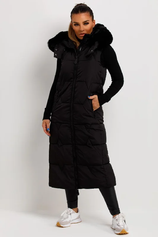 comfortable outerwearLong Puffer Gilet With Faux Fur Hood Black