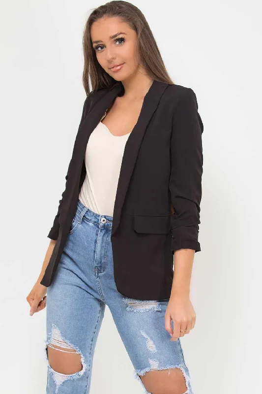 comfortable winter coatRuched Sleeve Blazer Black