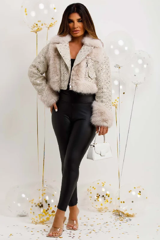 tailored coatCrop Faux Fur Coat With Sequin Embellishment Beige