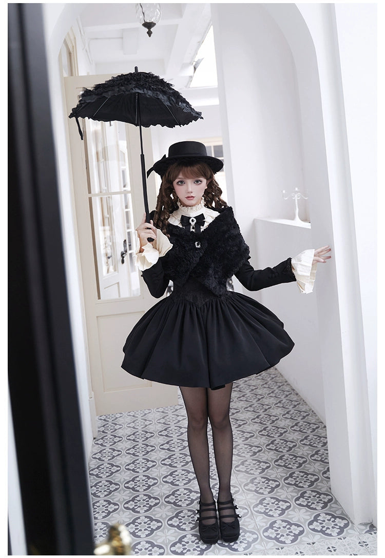 lightweight winter coatWith PUJI~Old Testament~Classic Lolita Coat Black Plush Lolita Cape and Brooch