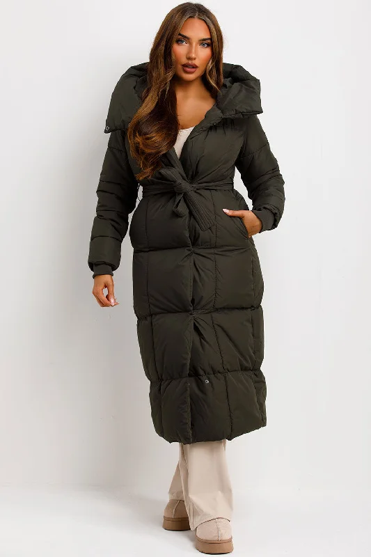 classic zip-up coatLong Puffer Coat With Hood And Belt Khaki