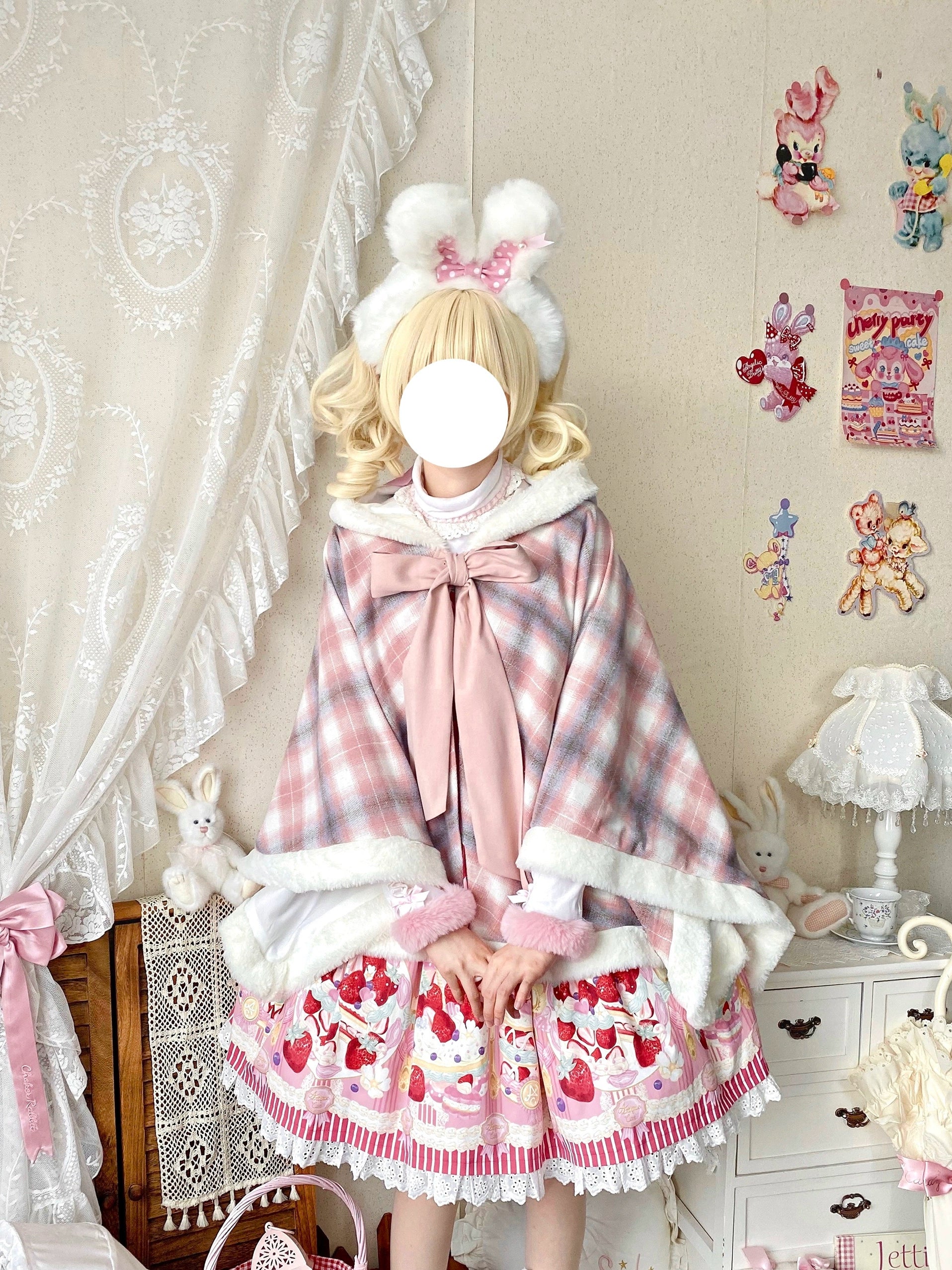 street style coatQianmu~Waffle~Kawaii Lolita Cape Daily Lolita Plaid Hoodie Cloak