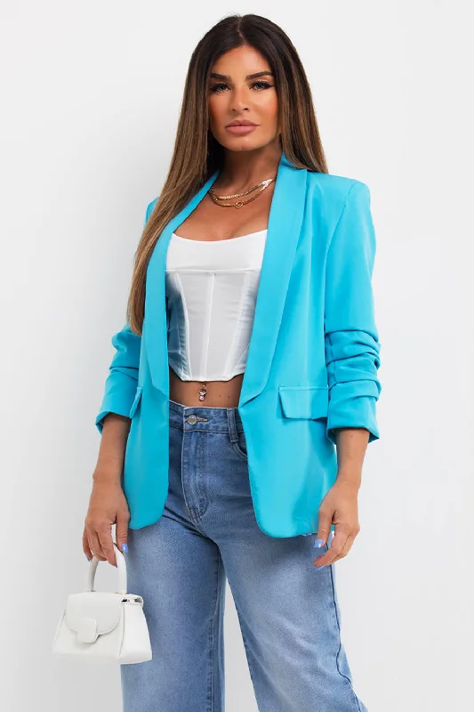 breathable jacketTurquoise Ruched Sleeve Blazer