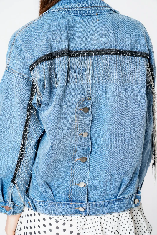 modern coatOversized Denim Blue Beaded Fringe Button Up Jacket