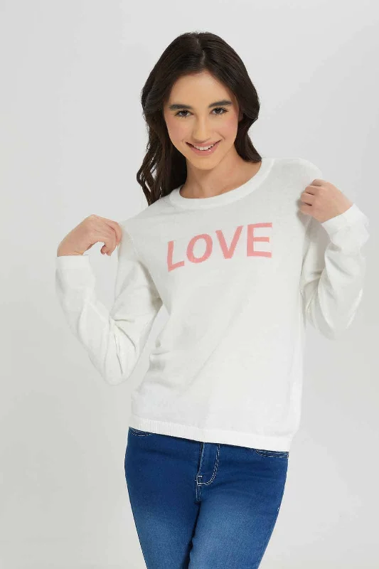 Senior Girls White and Pink Love Printed Pullover