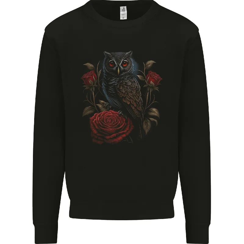 premium gym hoodieAn Owl with Roses Birds Flowers Mens Sweatshirt Jumper